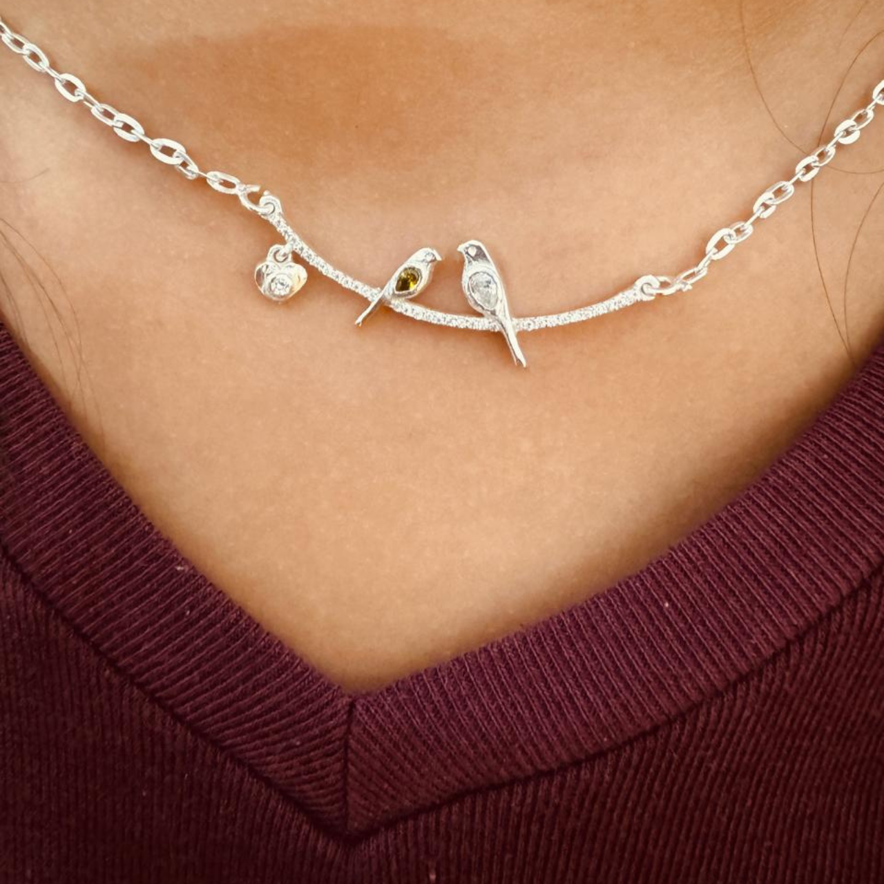 Elegant silver finish love birds necklace for women and girls by Trinket Trails featuring twin bird pendant design with minimalist fashion jewellery styling