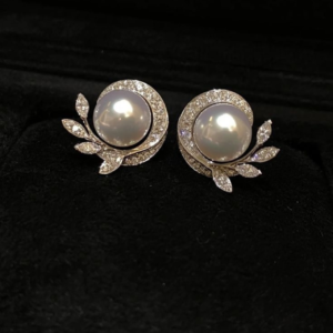 Luxury pearl leaf stud earrings with crystal halo detailing in rose gold finish for women