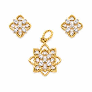 Elegant gold plated floral pendant set with matching earrings and sparkling American diamonds for women by Trinket Trails
