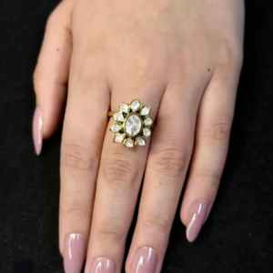Elegant gold plated floral kundan ring with sparkling crystal stones for women fashion jewellery by Trinket Trails