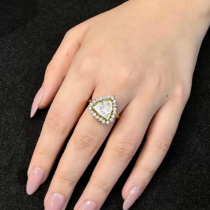 Elegant gold plated triangle solitaire ring with sparkling crystal halo design for women fashion jewellery by Trinket Trails