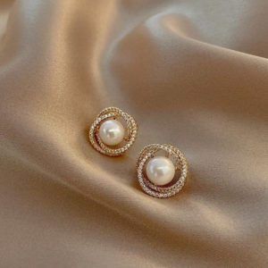 Elegant rose gold pearl halo stud earrings with crystal detailing for women