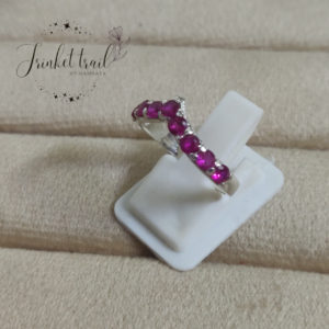 Elegant adjustable silver ring with pink ruby-look stones for women by Trinket Trail Jaipur