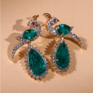 Luxury peacock design emerald green drop earrings with CZ diamonds in gold finish for women party and bridal wear