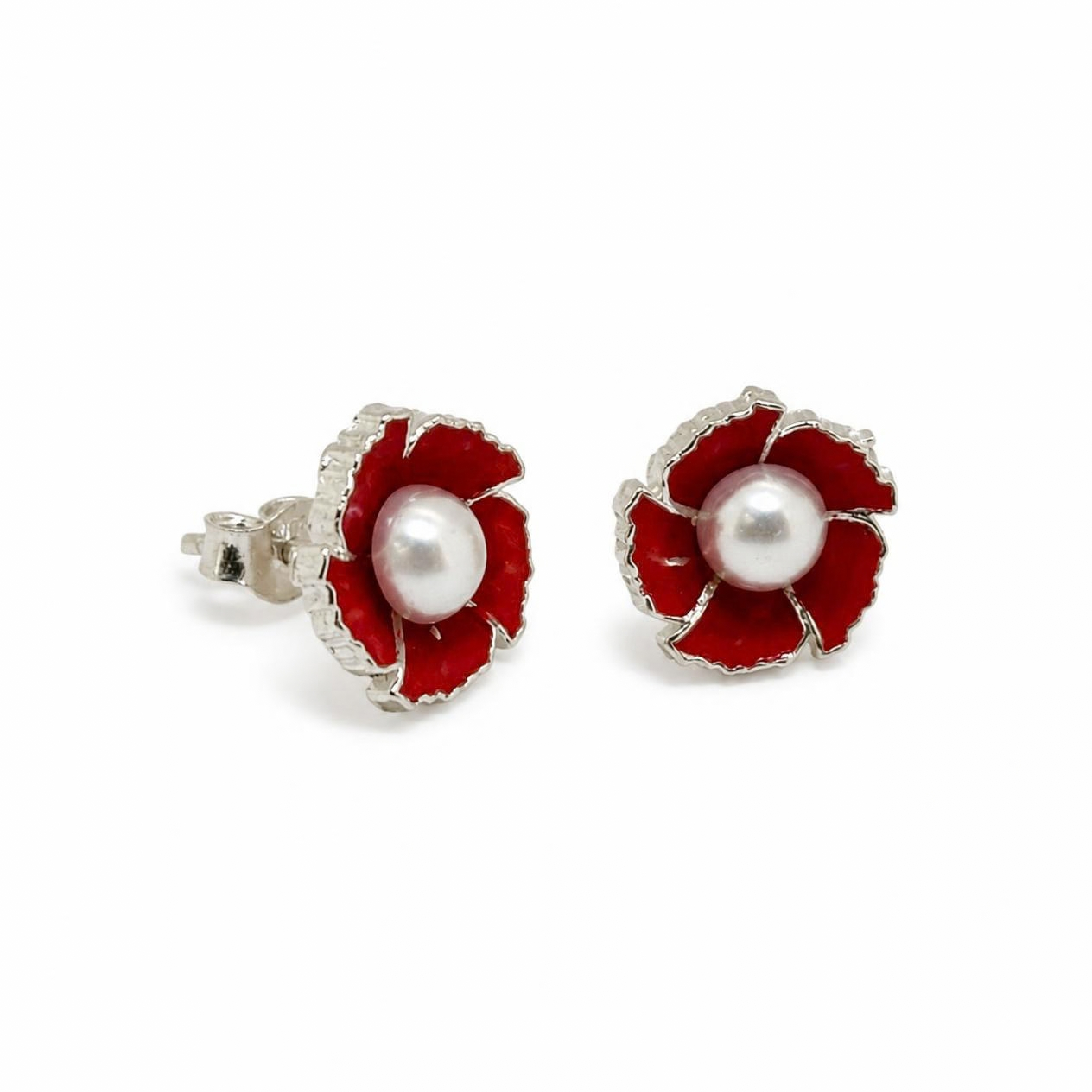 Flora Luxe Earrings 925 silver red enamel earrings with pearl