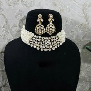 Silver necklace and earrings in gold polish with small pearl mala
