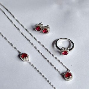 Silver chain bracelet ring and earrings full set with red stone