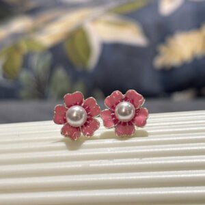 Silver Pink Enamel Flower Earrings with Pearl