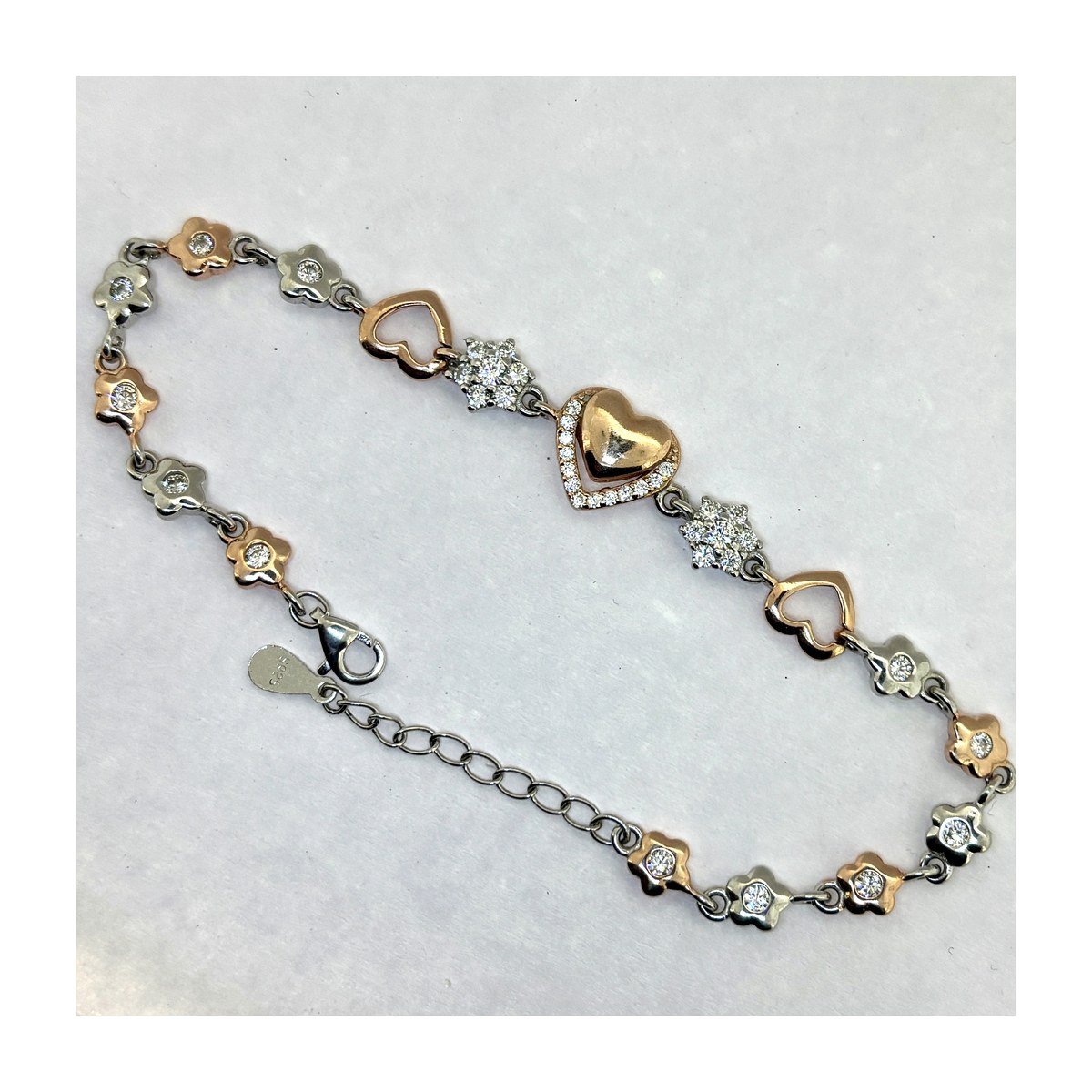 925 Silver CZ Rose Gold Polish Bracelet for Women