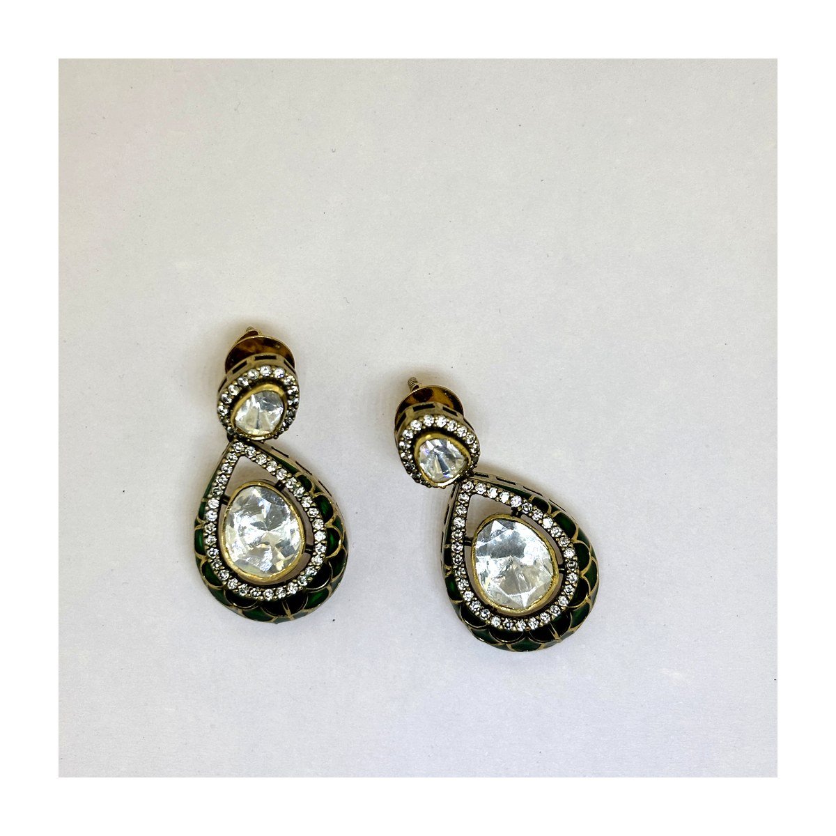 925 Silver Polki Green Stone Blue Stone Enamel Earrings for Women